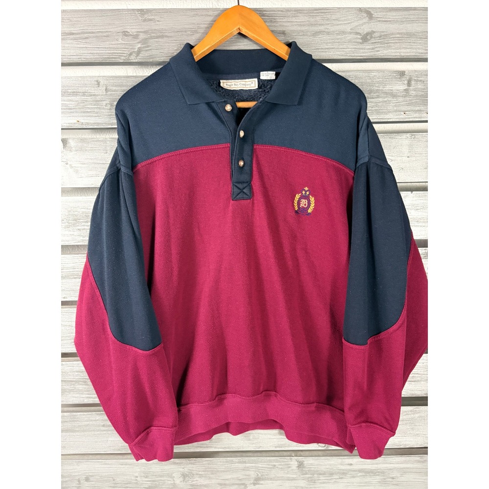 Vintage Bugle Boy Company Mens Large Colorblock Polo Sweatshirt Navy Burgundy
